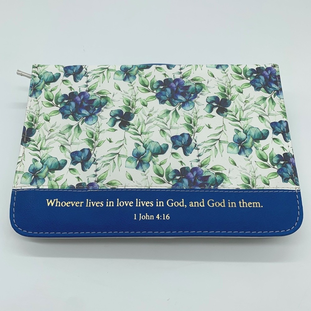 Roman Bible Cover Floral Blue White 1 John 4:16 Zippered Faux Leather Organizer
